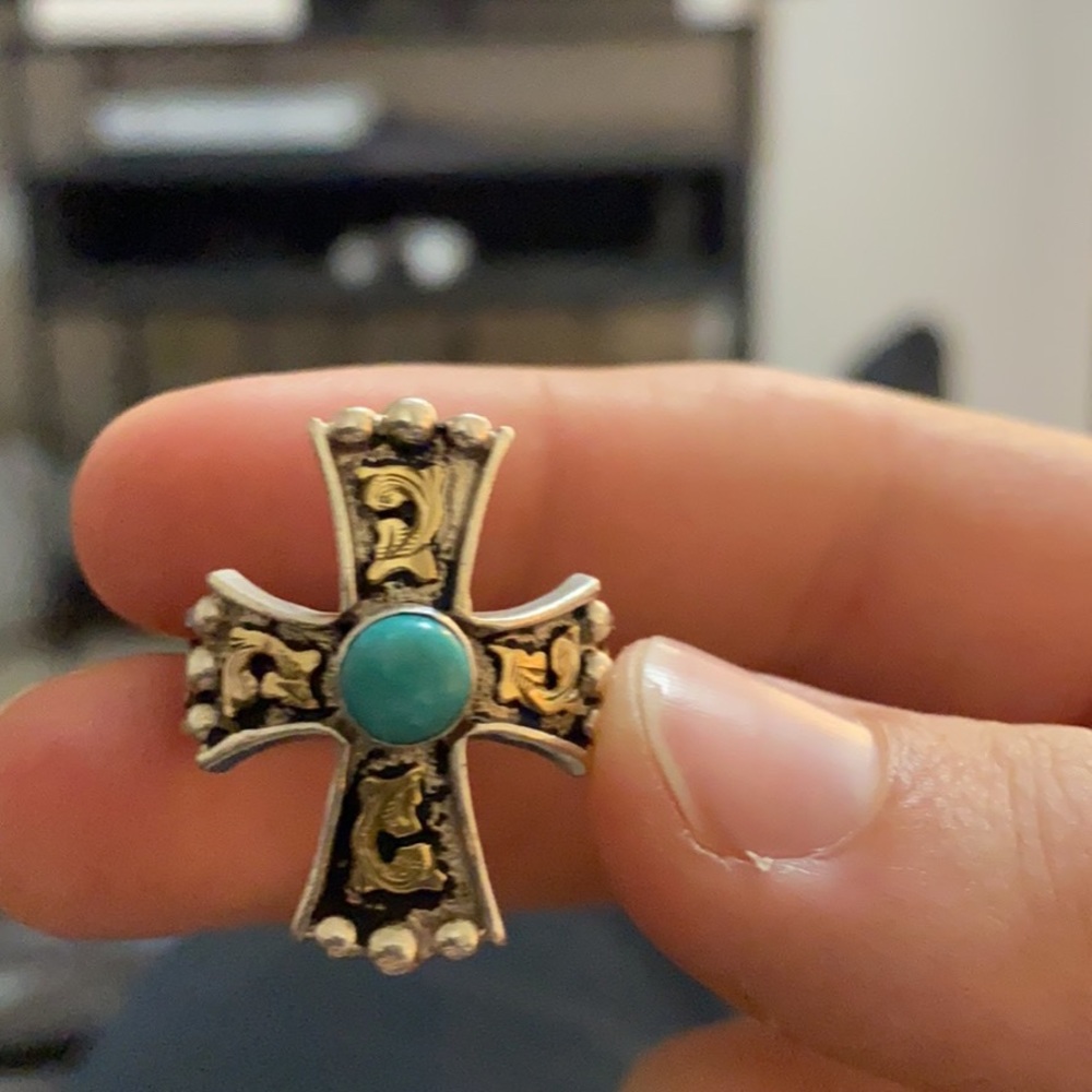 HYO Western Turquoise Cross Ring w/ Antique